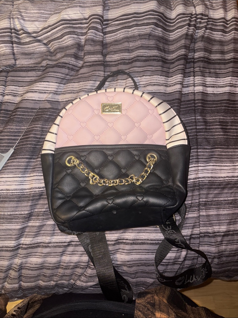 Betsey Johnson Pink and Black Quilted Mini Backpack with Gold Chain